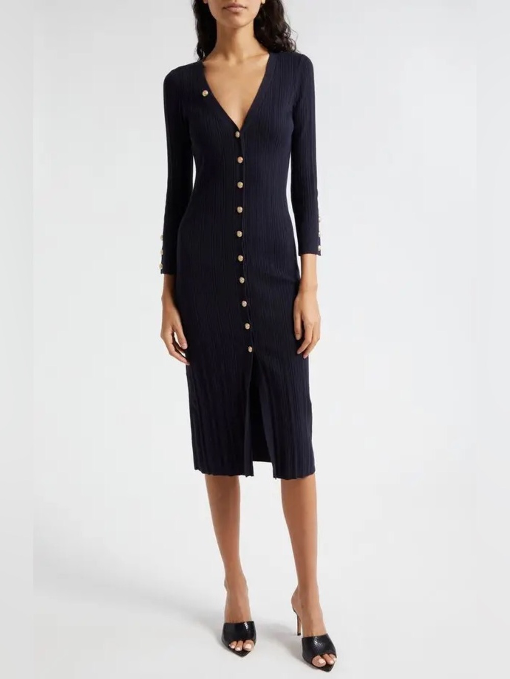 L'Agence Kyra Black Button Rib Three Quarter Sleeve Sweater Dress Size Small